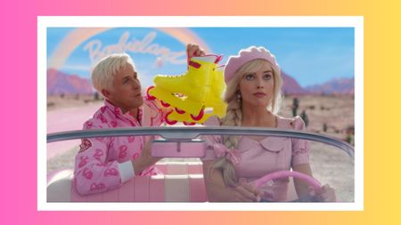 Ryan Gosling and Margot Robbie as Ken and Barbie in the Barbie movie/ in a yellow and pink gradient template