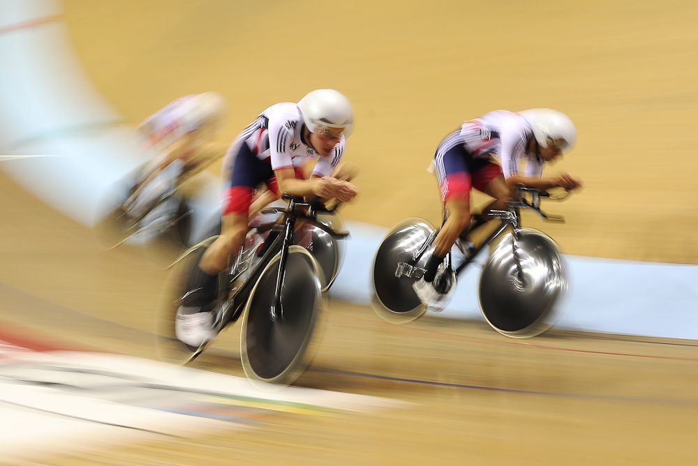 ark Stewart, Kian Emadi-Coffin, Andrew Tennant and Oliver Wood of Great Britain compete in the Men's Team Pursuit