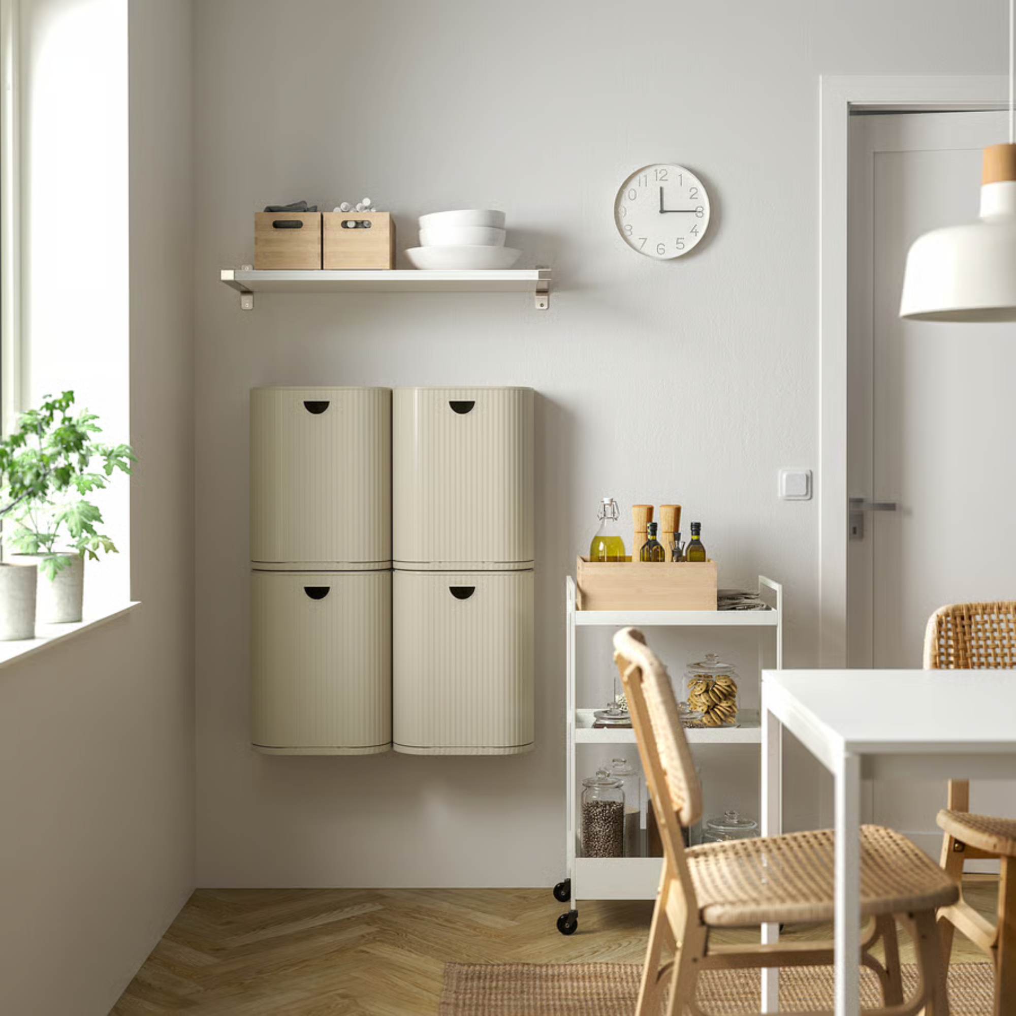 GÅRDSBUTIKBin with lid, grey-beige. Four bins mounted on a wall