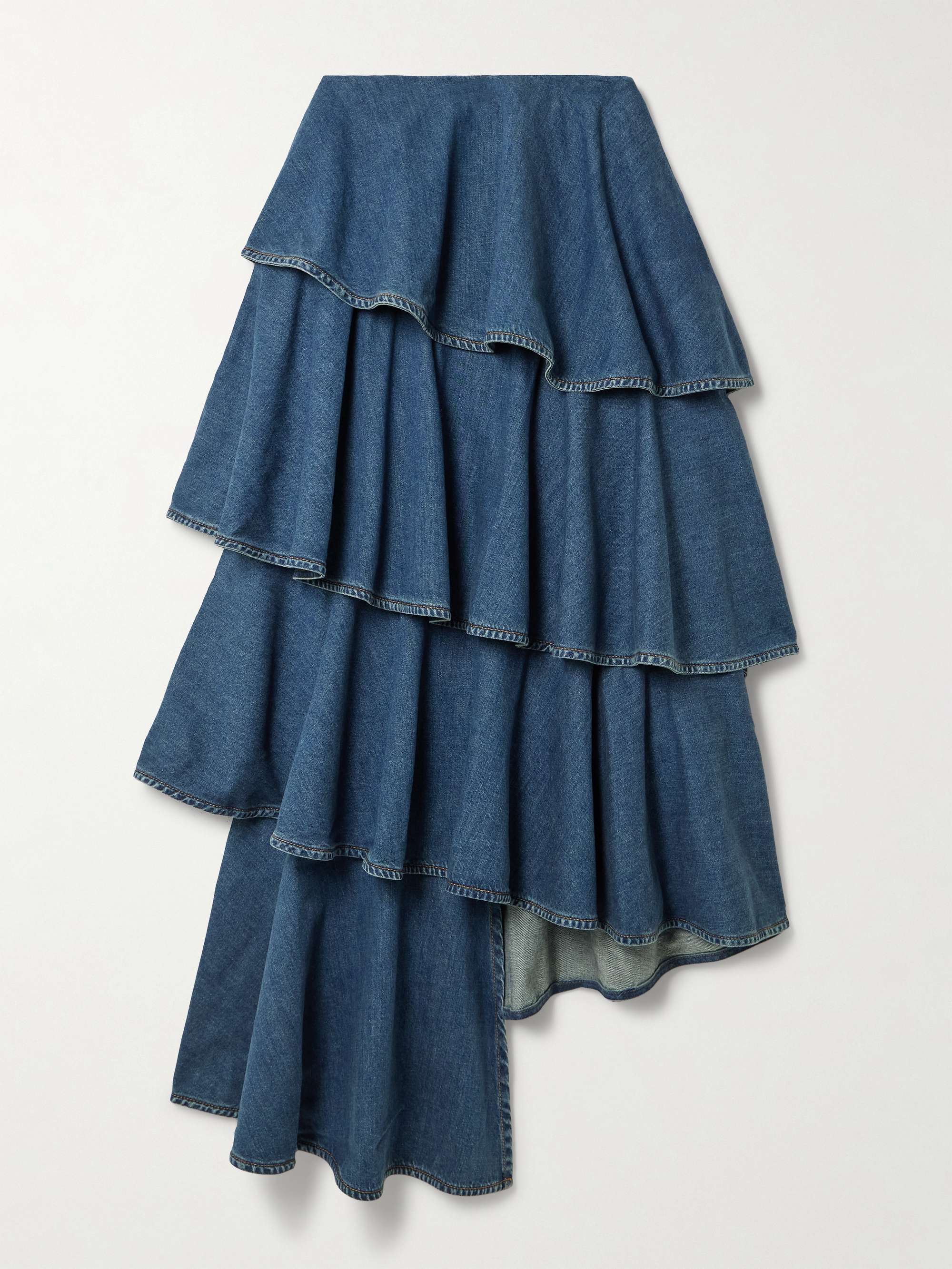 Asymmetric Ruffled Tiered Denim Skirt