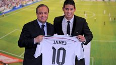 James Rodriguez is unveiled to the press by club president Florentino Perez 