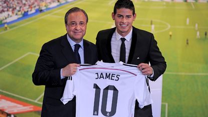 James Rodriguez is unveiled to the press by club president Florentino Perez 