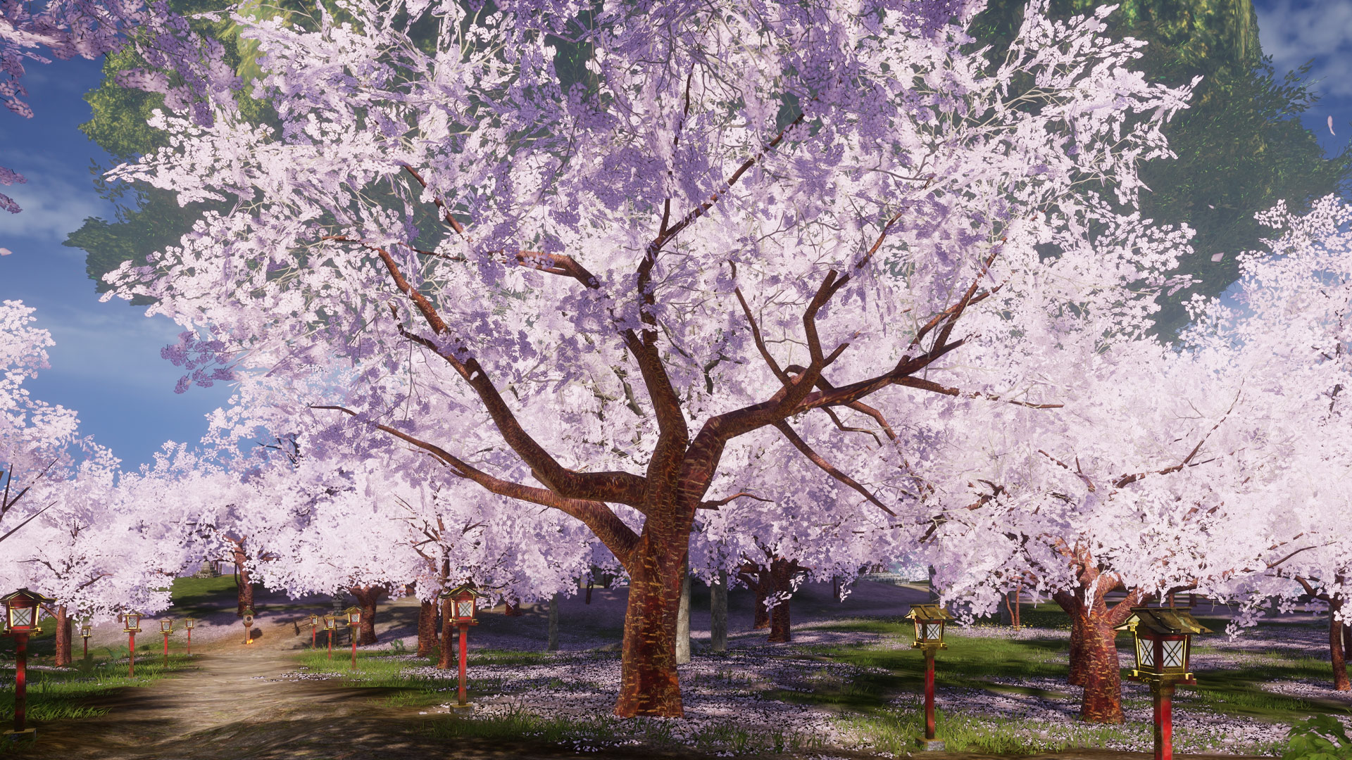 Palworld - The Sakura shrine area, covered in sakura trees to cut down for hardwood.