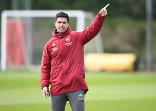 Arsenal manager Mikel Arteta during a training session at Sobha Realty Training Centre on April 26, 2024 in London Colney, England. (Photo by Stuart MacFarlane/Arsenal FC via Getty Images)