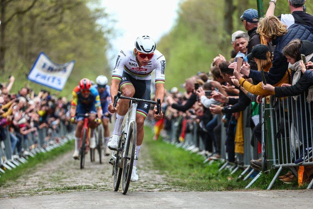 Dutch Mathieu van der Poel of Alpecin-Deceuninck pictured in action during the men's elite race of the 'Paris-Roubaix' cycling event, 260,0km from Compiegne to Roubaix, France on Sunday 07 April 2024. BELGA PHOTO DAVID PINTENS (Photo by DAVID PINTENS / BELGA MAG / Belga via AFP)