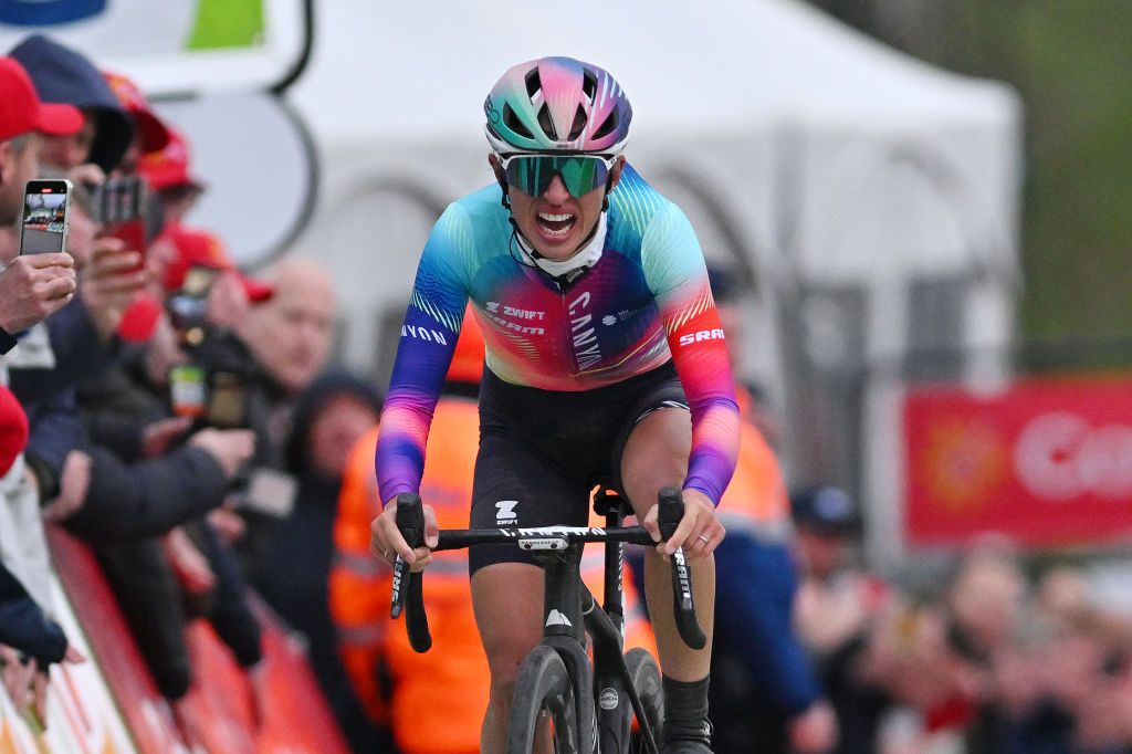 HUY BELGIUM APRIL 17 Katarzyna Niewiadoma of Poland and Team CanyonSRAM Racing celebrates at finish line as race winner during the 27th La Fleche Wallonne Feminine 2024 a 146km one day race from Huy to Huy UCIWWT on April 17 2024 in Huy Belgium Photo by Luc ClaessenGetty Images