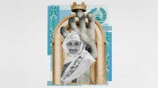 Photo collage of an elderly Tajik woman wearing a hijab, with a huge hand hovering over her. In the background, there is a photo of the Ismail Samani statue arch framing her, and fragments of Tajik banknotes behind.
