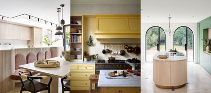 Three examples of kitchens for entertaining. Modern kitchen with island and seating area. Yellow cabinetry in traditional kitchen. Oval kitchen island in bright modern kitchen with arch windows