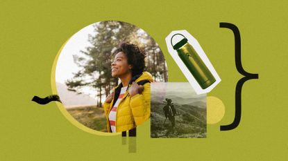 Photo collage of various hikers, and a hydro flask