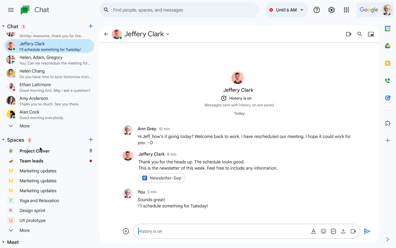 Google Chat's declutter option in action