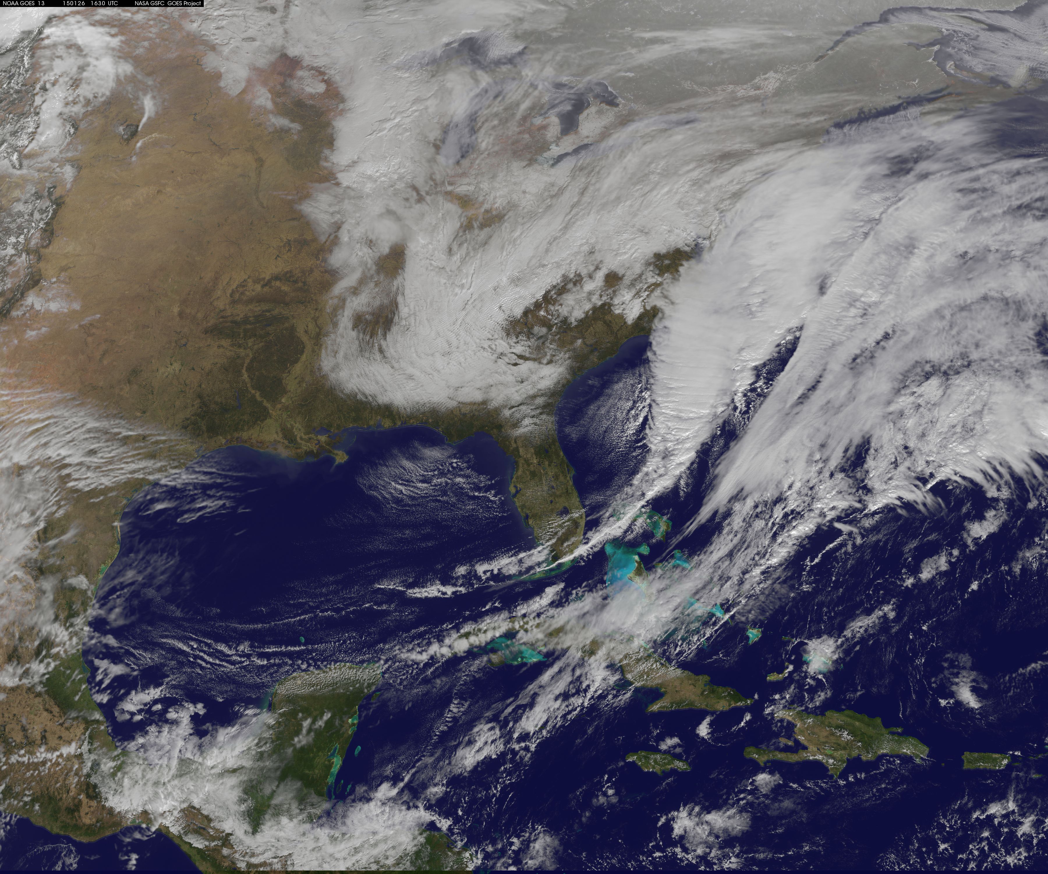 NOAA&#039;s GOES-East satellite captured the developing Nor&#039;easter &quot;Juno&quot; in this image, taken on Jan. 26, 2015.