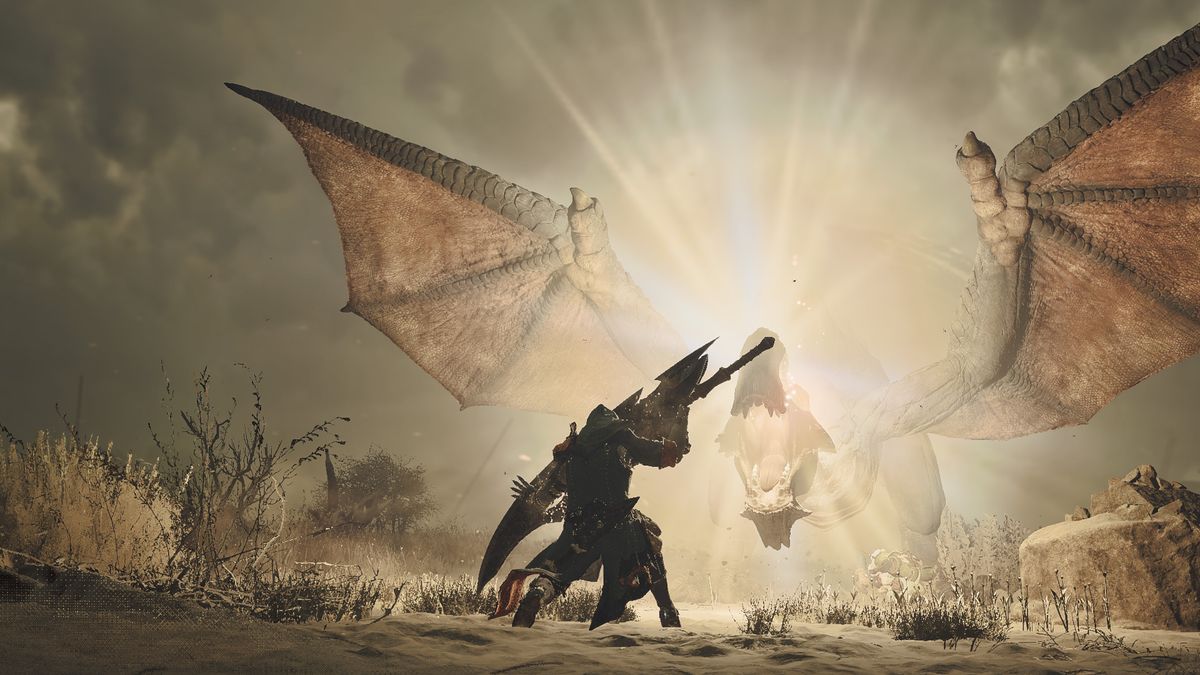 Promotional screenshot of a player hunting a Gypceros in Monster Hunter Wilds