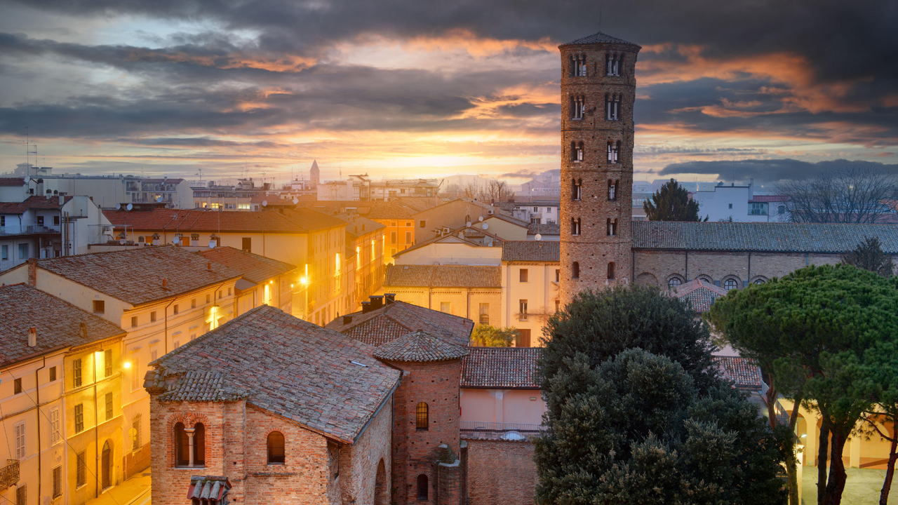 Ravenna, Italy old historic skyline with the Basilica of Sant&#039;Apollinare Nuovo bell tower.