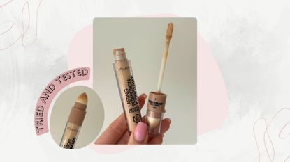 Image of hand holding Collection Lasting Perfection Concealer open and showing the wand applicator on a white marble background, circular image of new sponge applicator tip, pink 'tried and tested' banner, pink details and swirls