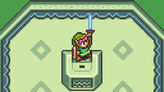 Link holds up the Master Sword in a screenshot of The Legend of Zelda: A Link to the Past