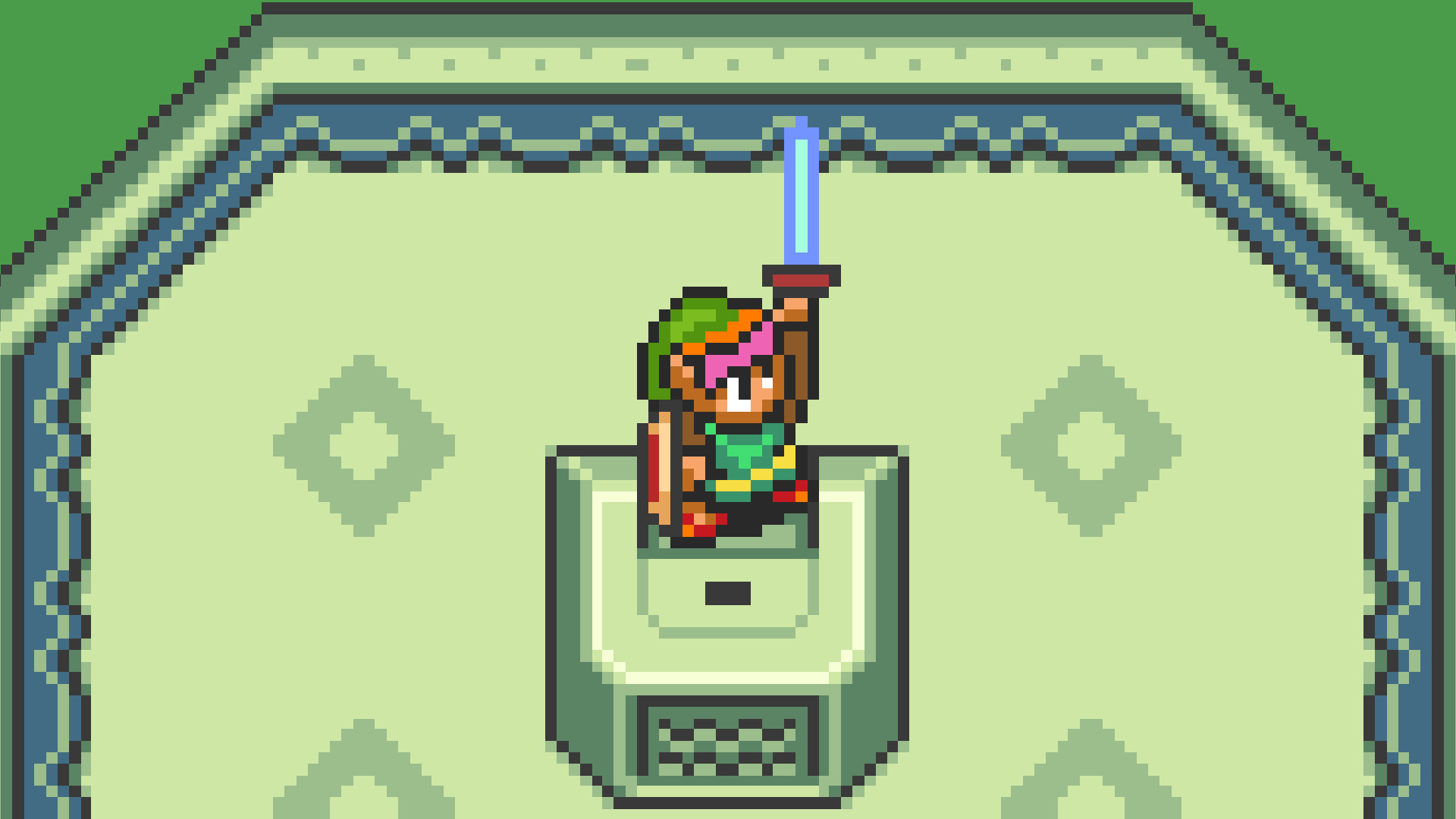 Link holds up the Master Sword in a screenshot of The Legend of Zelda: A Link to the Past