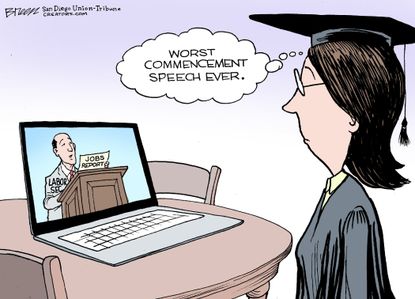 Editorial Cartoon U.S. commencement graduation ceremony jobs