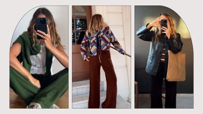 Handbag, woman in beige dress, woman in striped blue trousers and shirt