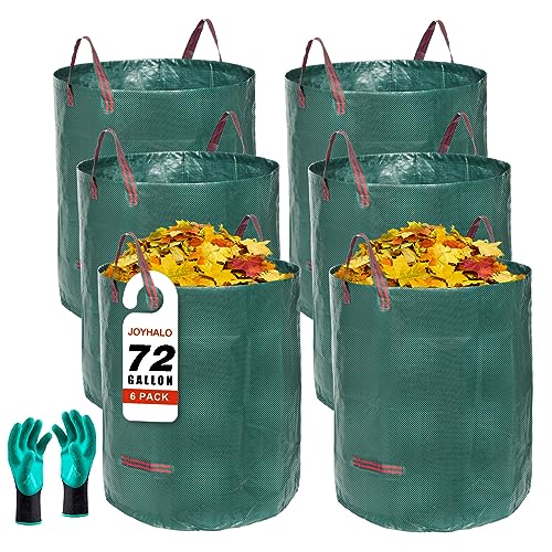 Joyhalo Reusable Yard Waste Bags - 72 Gallon, 6 Pack, Heavy Duty With Gardening Gloves &amp;amp; 4 Handles, Standable, Camping &amp;amp; Recycling