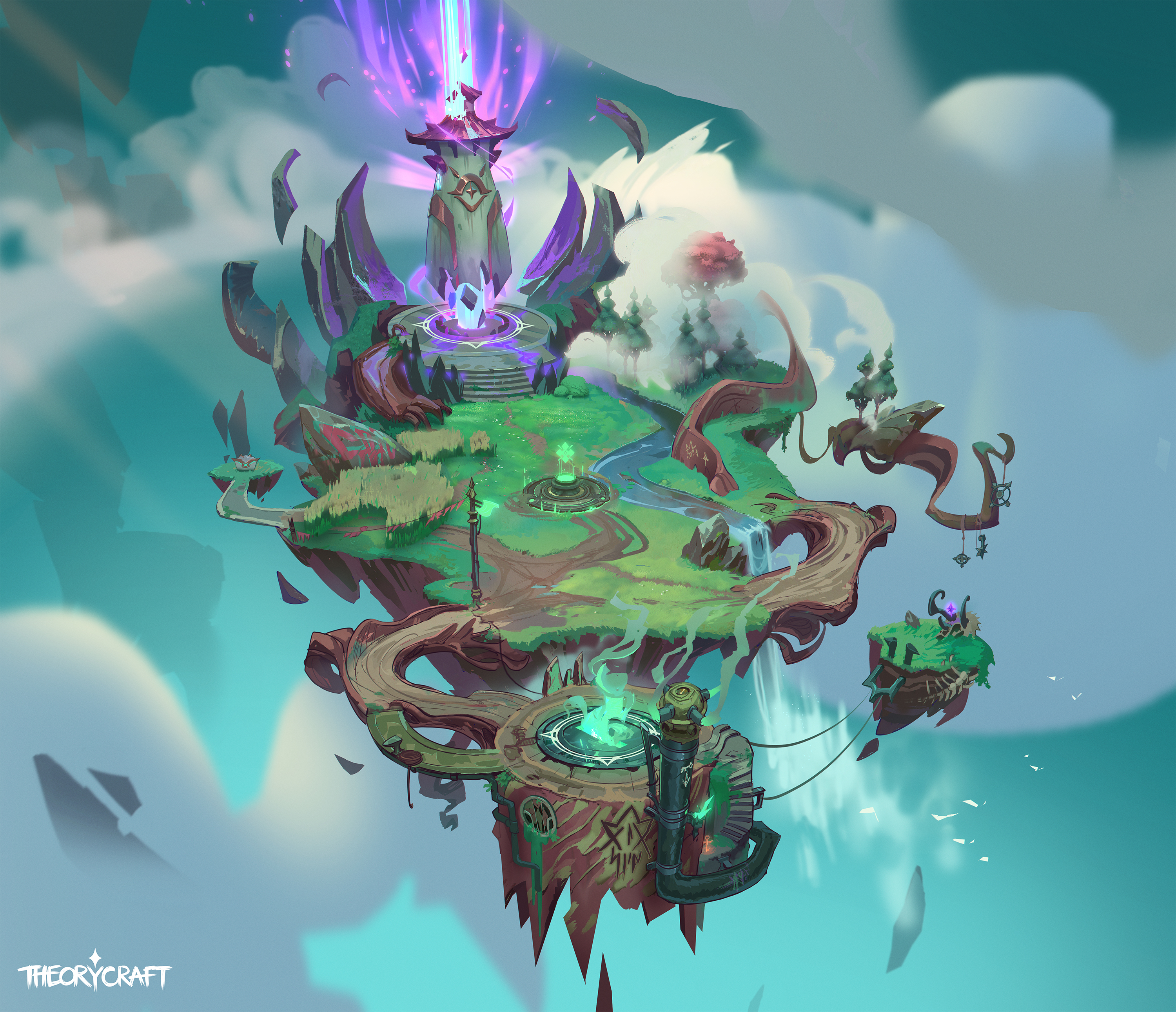 Loki concept art met magische fonteinen op een drijvend eiland