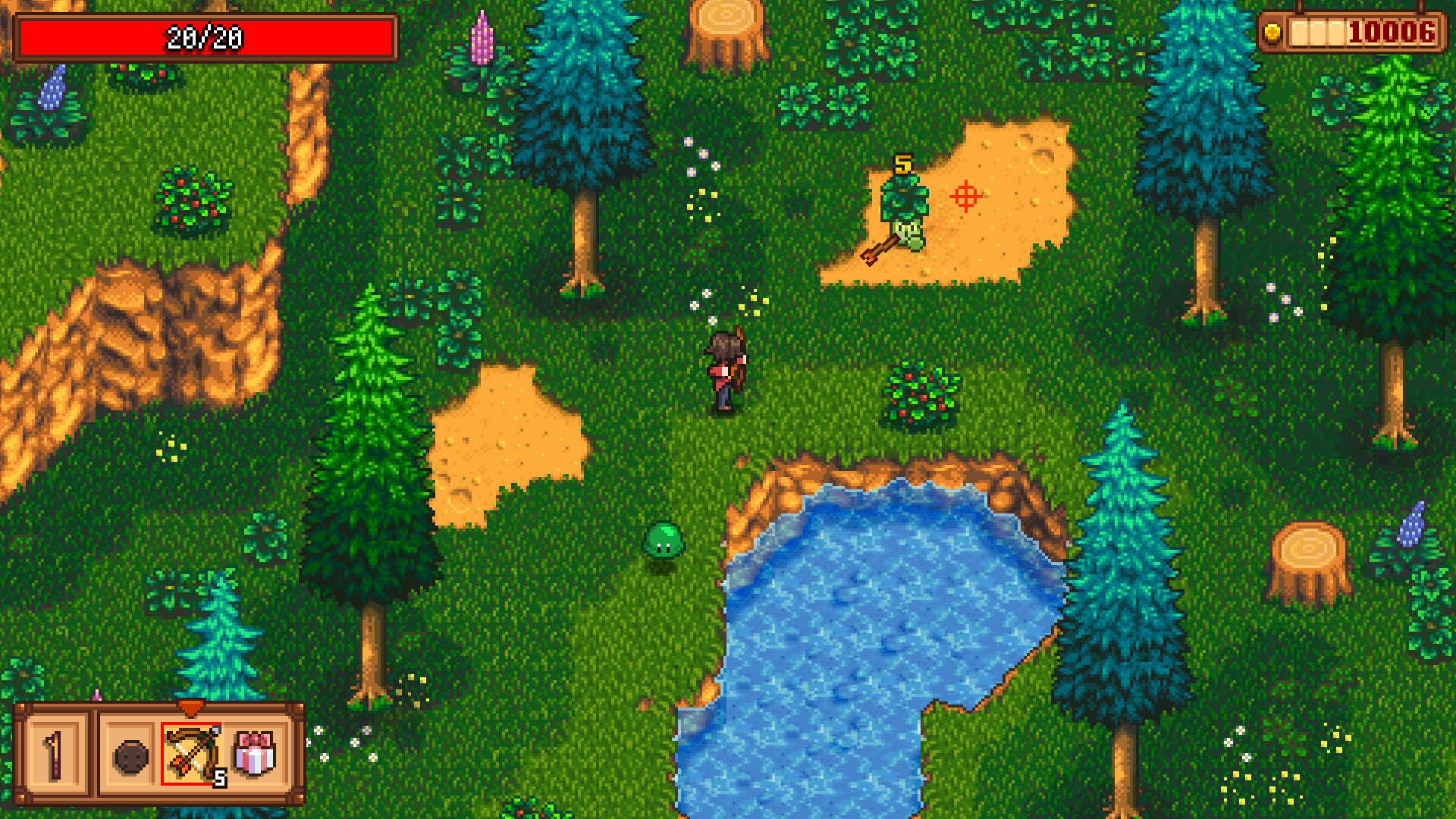 A screenshot from Haunted Chocolatier, showing a figure hunting with a bow in the woods.