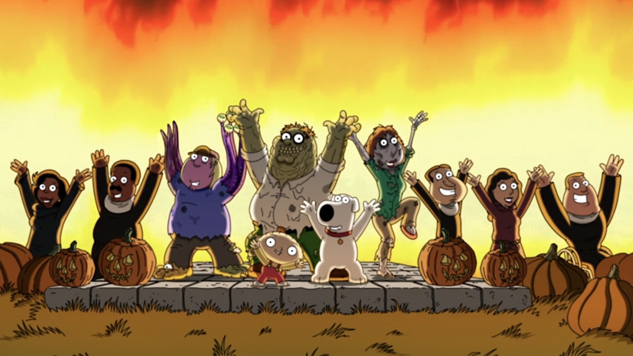 Stewie and Brian leading other characters in musical in Family Guy: A Little Fright Music