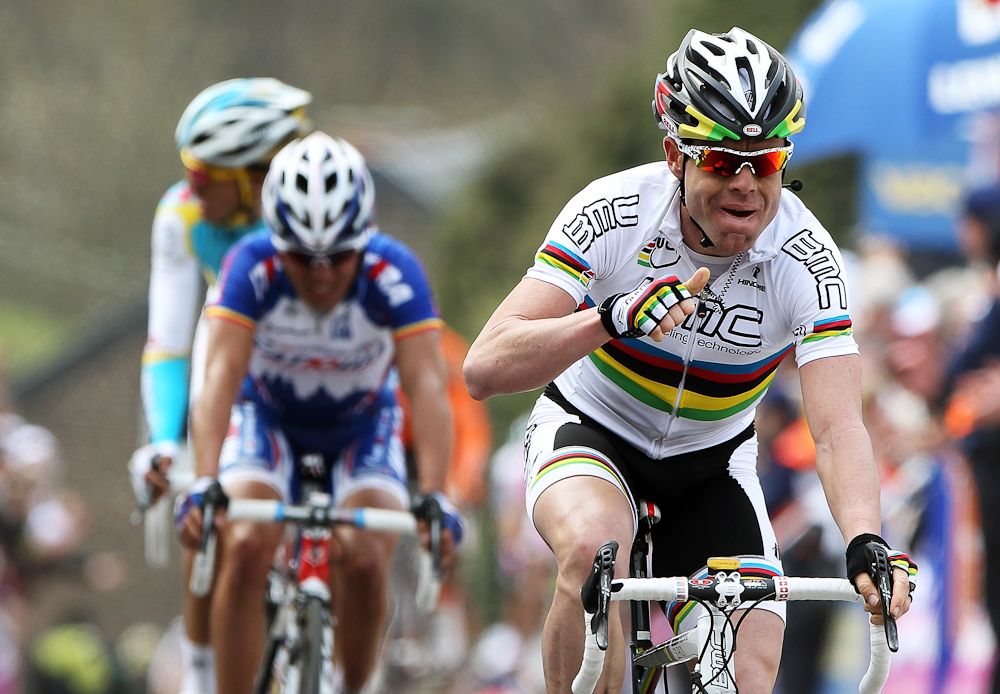 Cadel Evans (BMC Racing) crosses the finish line to win during the 74th Fleche Wallonne in 2010.