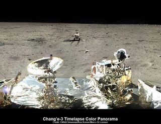 This time-lapse, cropped panorama of the Chang'e-3, Yutu Rover landing site shows the last position of the Yutu rover as it heads off to the south, departing the landing site. The image was created by Ken Kremer and Marco Di Lorenzo using Chang'e 3 mission images released via China's state-run news outlets.