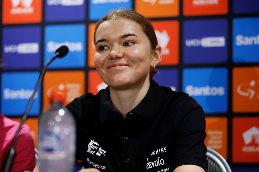 ADELAIDE, AUSTRALIA - JANUARY 16: Noemi Ruegg of Switzerland and Team EF Education-Oatly during the 26th Santos Tour Down Under 2026, Press Conference on January 16, 2026 in Adelaide, Australia. (Photo by Con Chronis/Getty Images)
