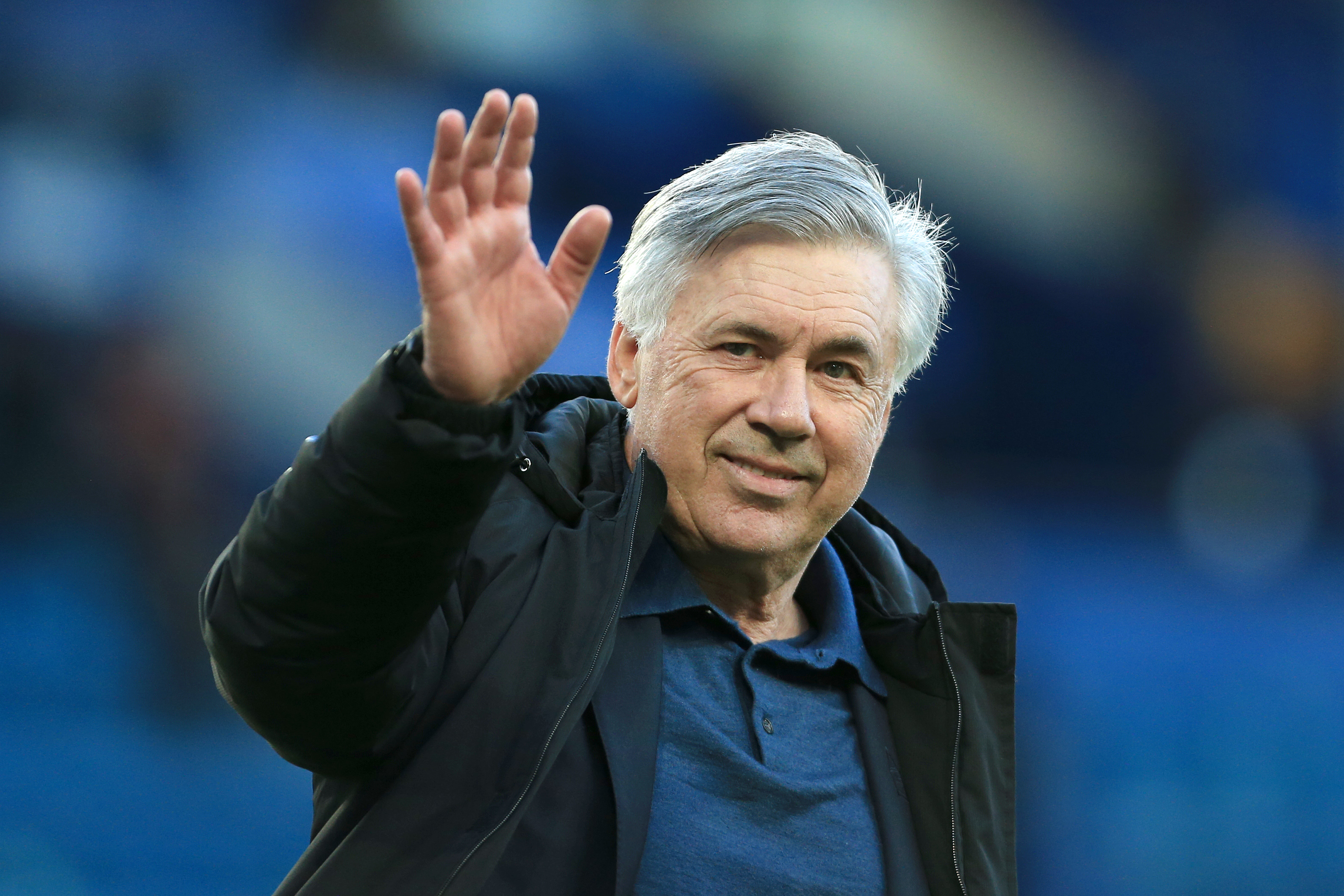 LIVERPOOL, ENGLAND - MAY 19: Everton manager Carlo Ancelotti waves after during the Premier League match between Everton and Wolverhampton Wanderers at Goodison Park on May 19, 2021 in Liverpool, United Kingdom. A limited number of fans will be allowed into Premier League stadiums as Coronavirus restrictions begin to ease in the UK following the COVID-19 pandemic. (Photo by Simon Stacpoole/Offside/Offside via Getty Images)