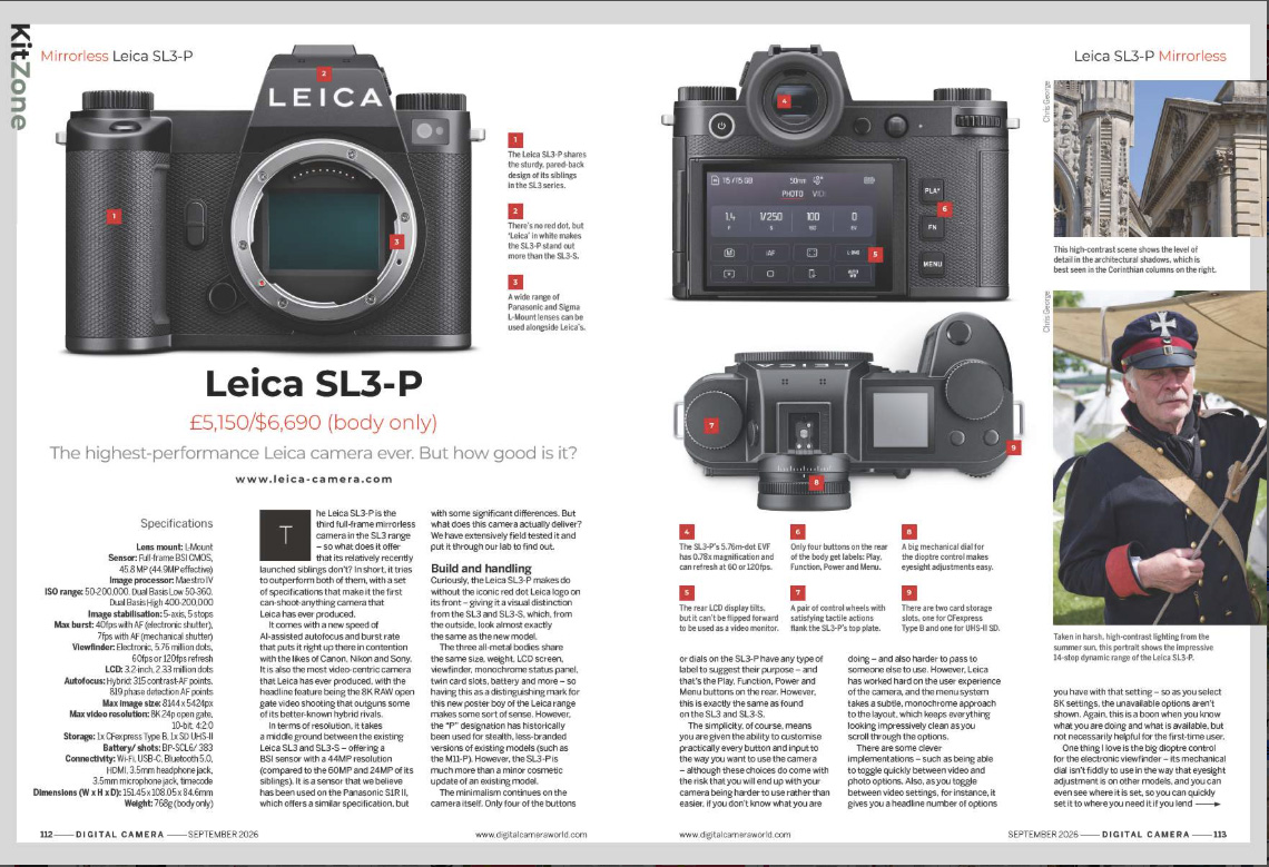 Image showing the first two pages of the Leica SL3-P camera review, in issue 311 (September 2026) of Digital Camera magazine
