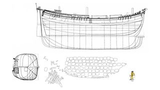 A line drawing of a galliot, a single-masted cargo ship from the front and side. There is also drawings of how the shipwreck was found and a little yellow diver for scale.
