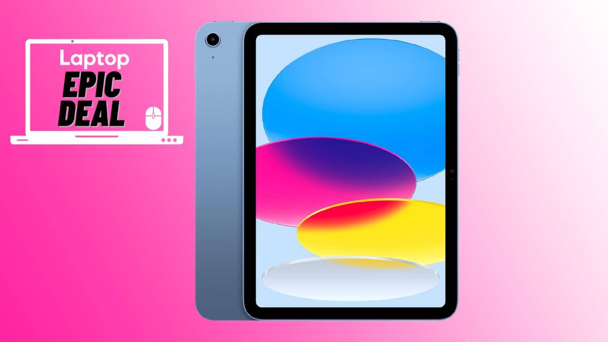 iPad 10 in blue against pink gradient background