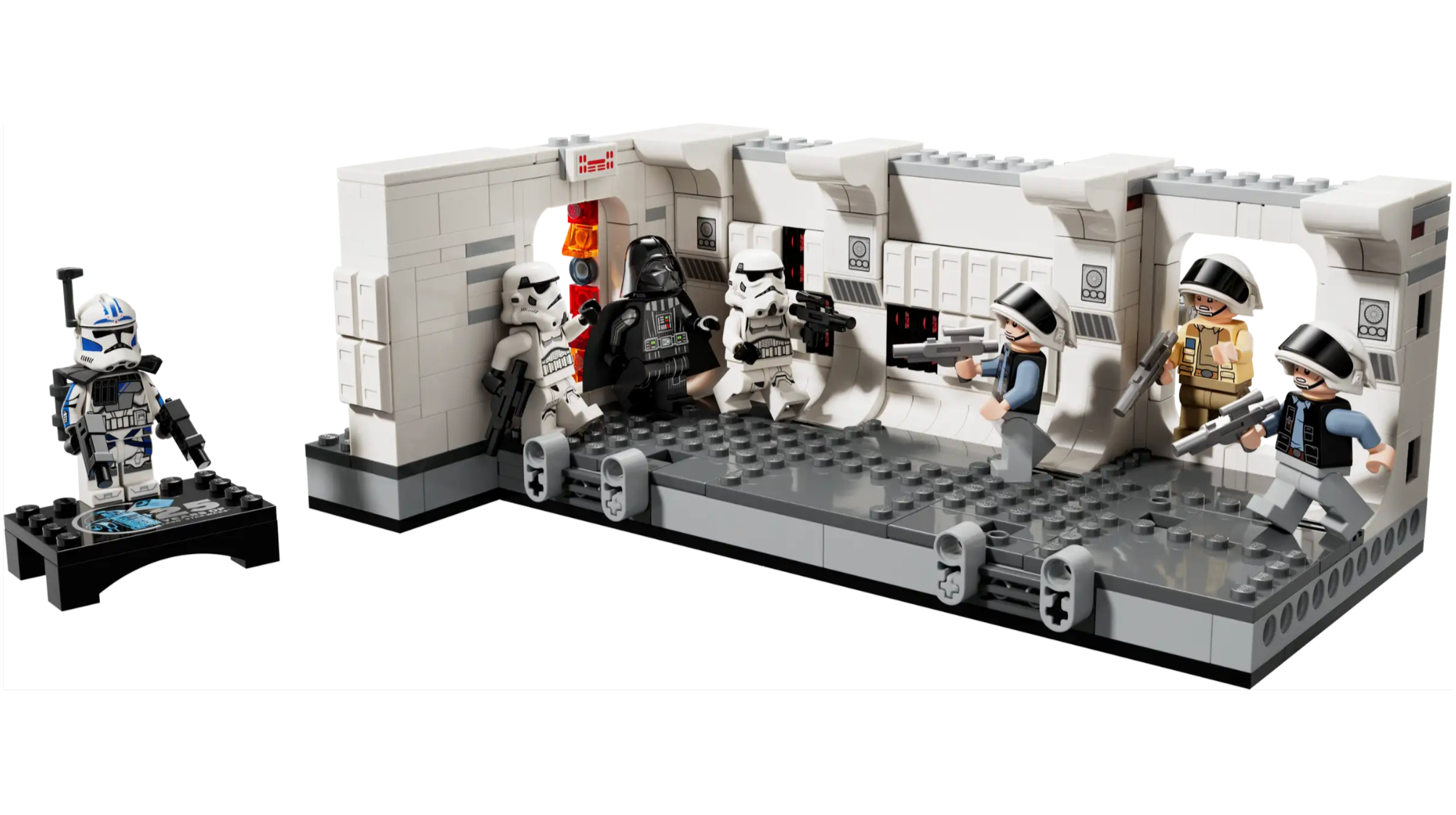 The boarding the tantive IV lego star wars playset on a white background