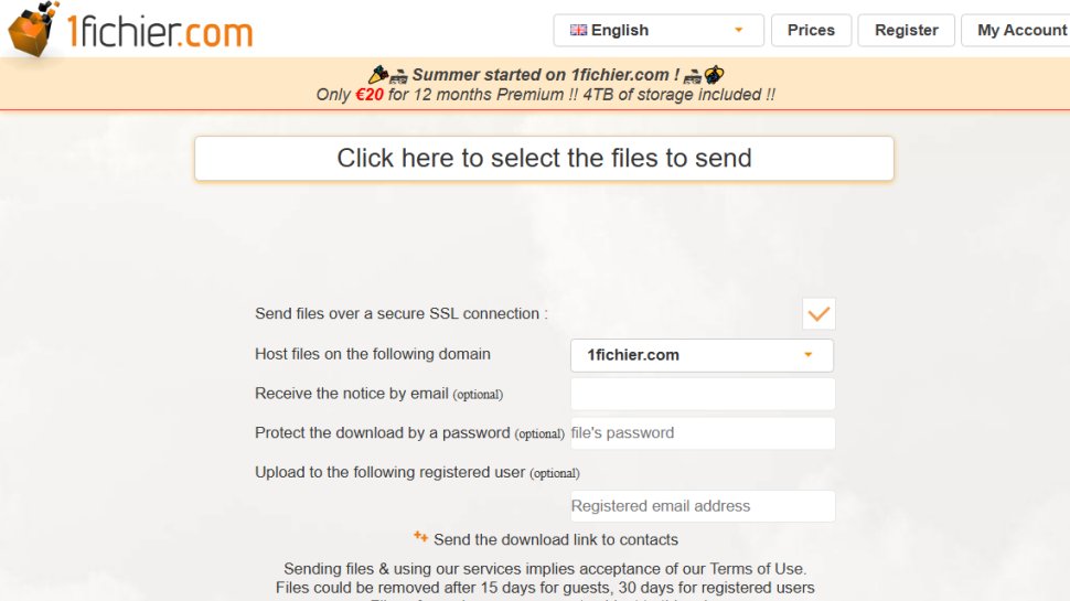 Website screenshot of 1fichier (August, 2025)