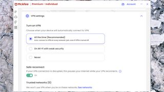 McAfee+ Premium VPN settings.