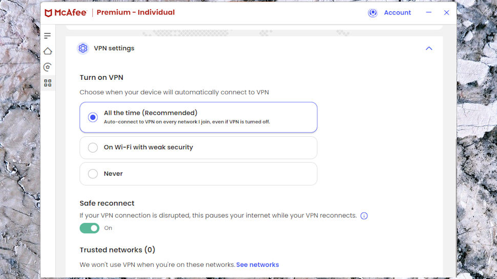 McAfee+ Premium VPN settings.