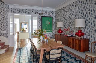 Dining room with blue and white wallpaper