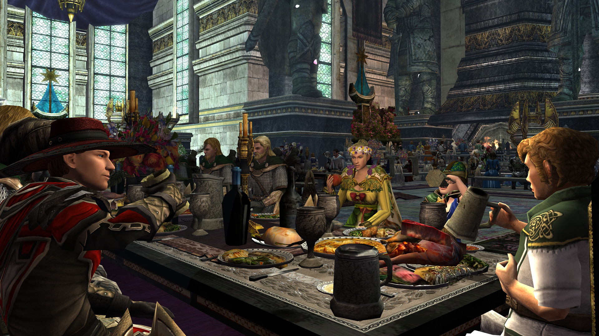 A group of players sitting at a table eating and drinking together during the MMORPG, The Lord of the Rings Online