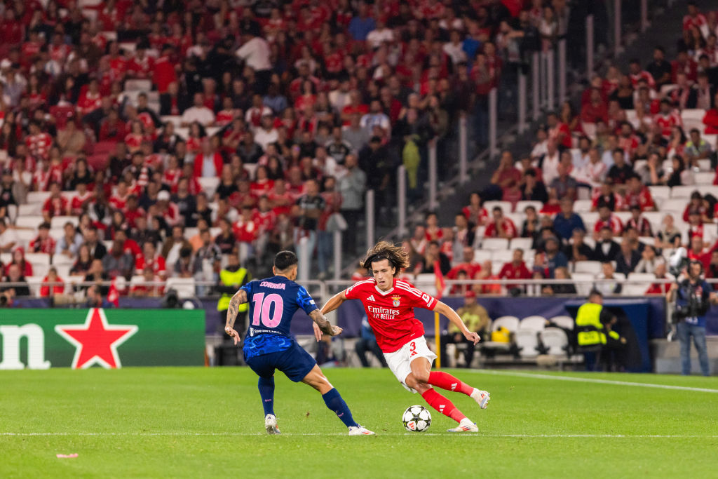 Angel Correa (L) of Atletico Madrid and Alvaro Carreras (R) of SL Benfica seen in action during the UEFA Champions League football match between SL Benfica and Atletico Madrid at Estadio da Luz Stadium. (Final score: SL Benfica 4 - 0 Atletico Madrid). Liverpool target