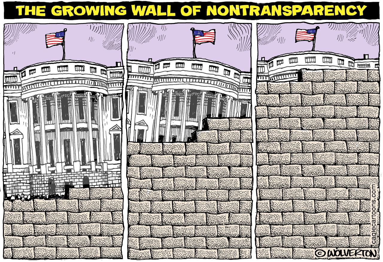 Political cartoon U.S. transparency Trump white house wall