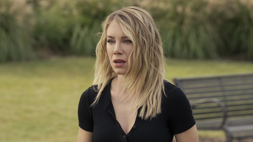 Jennifer Holland&#039;s Emilia Harcourt looking shocked in park in Peacemaker Season 2