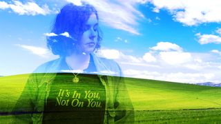 Microsoft Windows XP background with Katie Wickens's face, wearing Hardwear clothing line.
