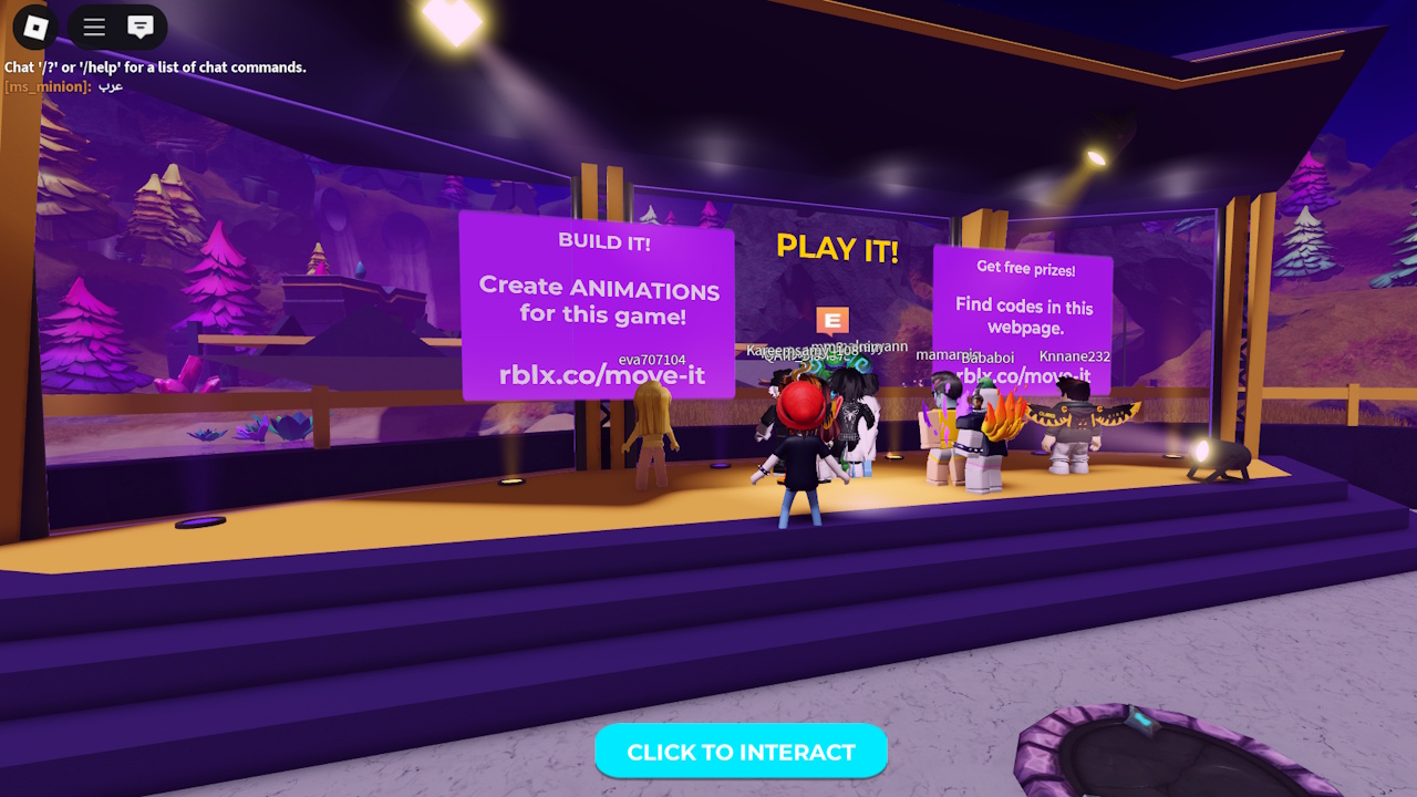 Standing in front of the play it part of Island of Move in Roblox to redeem Roblox codes.