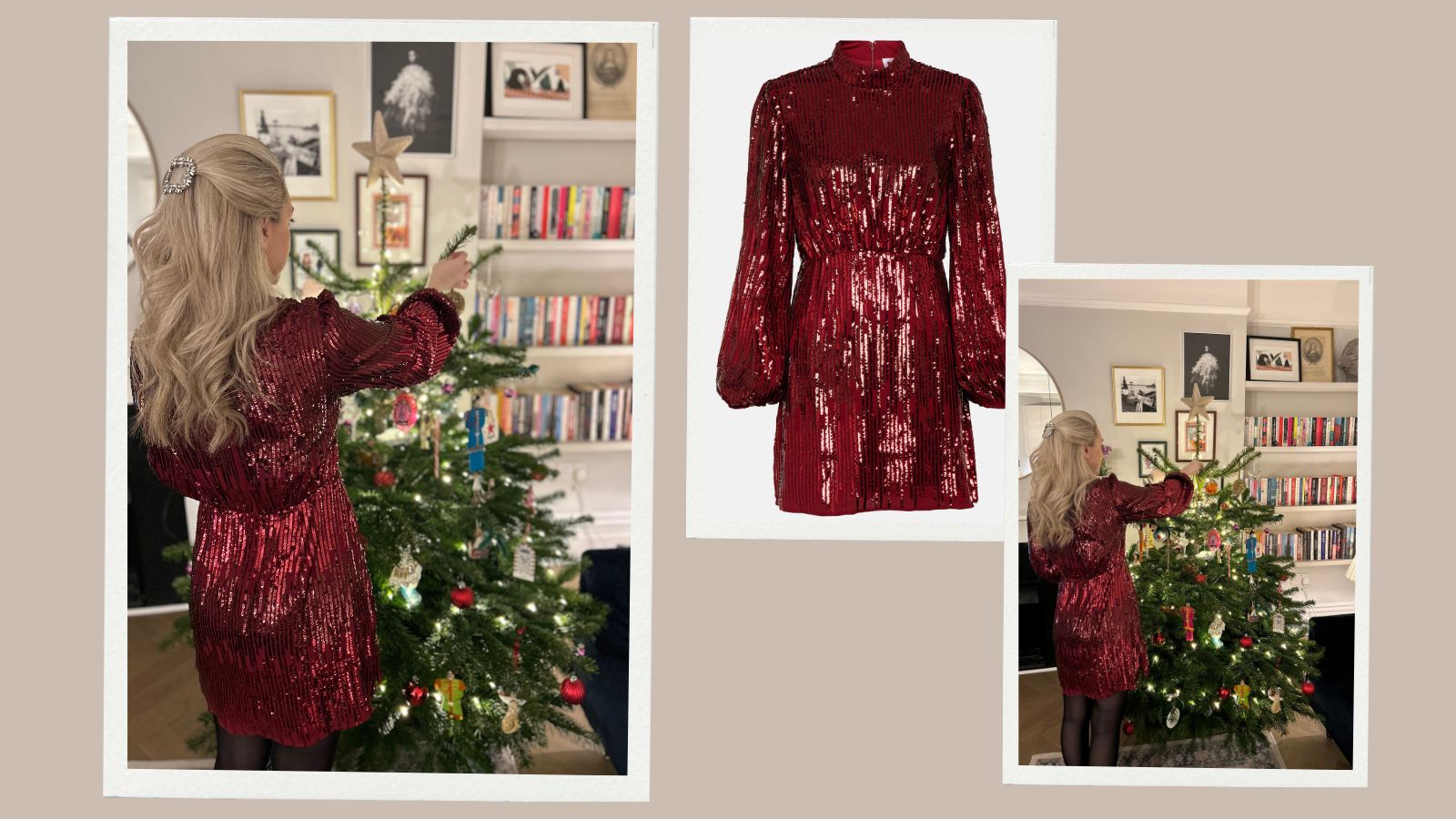 Caroline Parr posing at a Christmas tree wearing a red sequin mini dress, and a cut out of the dress