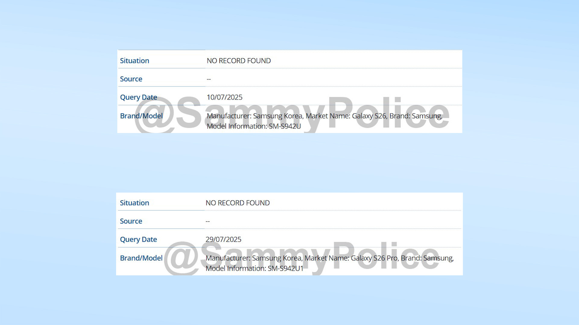 Two screenshots from the GSMA database, showing the same model number for both the Samsung Galaxy S26, and more recently the Galaxy S26 Pro