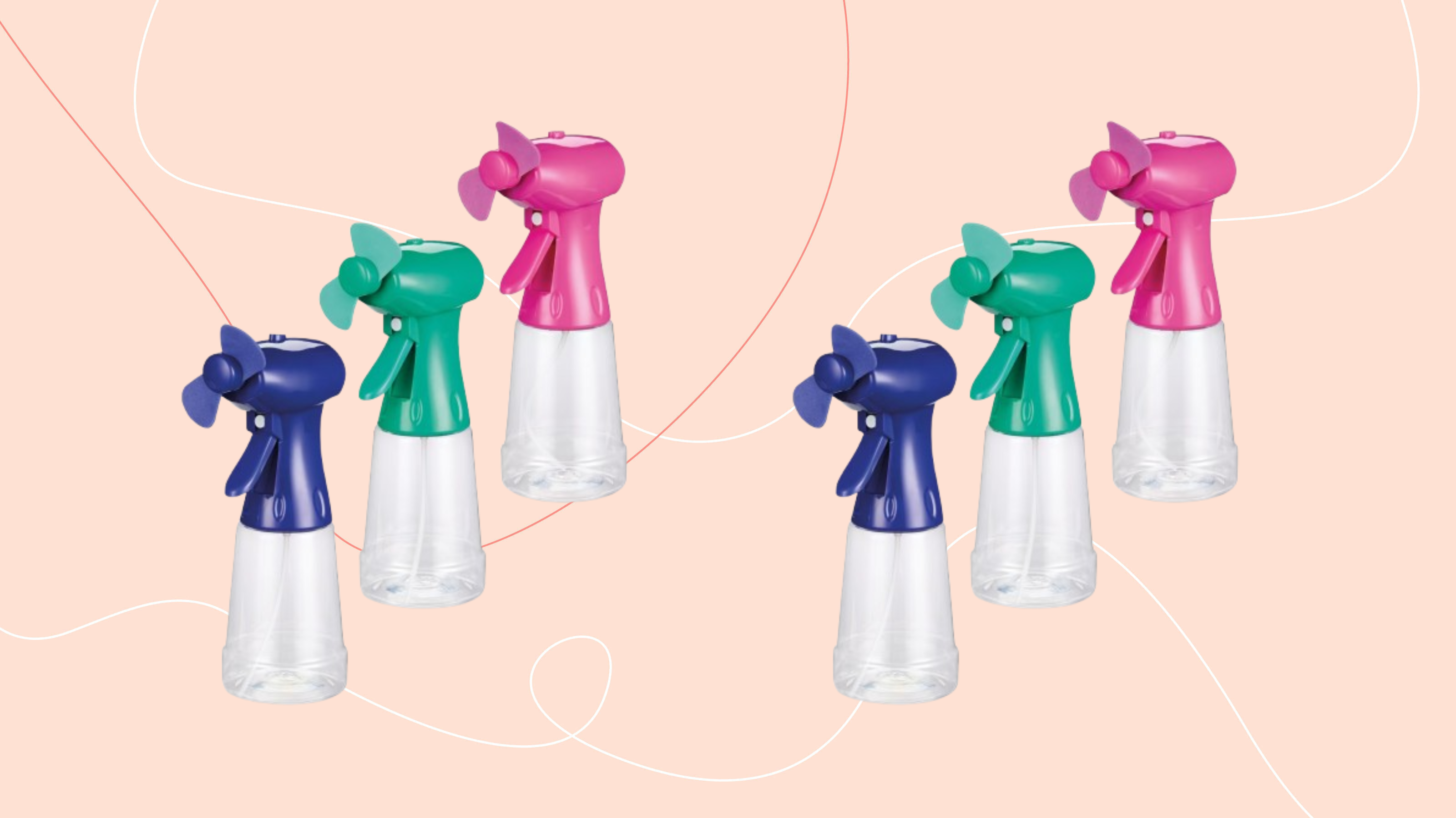 Six Aldi misting fans on pink background