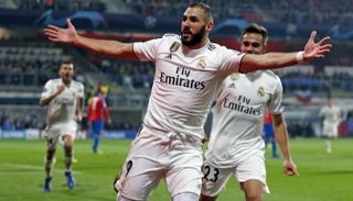 Karim Benzema celebrates after scoring for Real Madrid against Viktoria Plzen in the Champions League in November 2018.