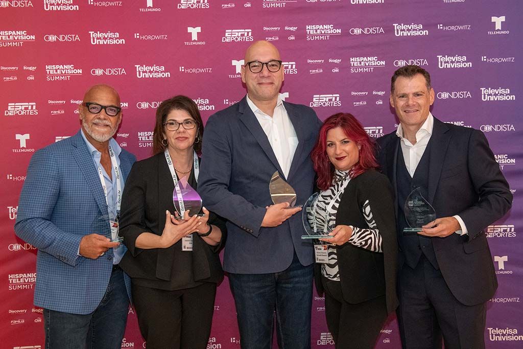 The 2023 Hispanic Television Awards recipients (from l.): Tony Hernandez of the Immigrant Archive Product, Award for Leadership in Hispanic TV Cultural Narrative; Isabella Sanchez, Hispanic Media Council and Zubi Advertising Services, Award for Leadership in Hispanic TV and Media; Freddy Rol&oacute;n, ESPN Deportes, Rafael Elii Award for Programming Pioneer in Hispanic TV; Adriana Waterston, Horowitz Associates, Rafael Eli Award for Corporate Pioneer in Hispanic TV; and Miguel Gurwitz, NBCUniversal Telemundo, Award for Leadership in Hispanic TV Programming.