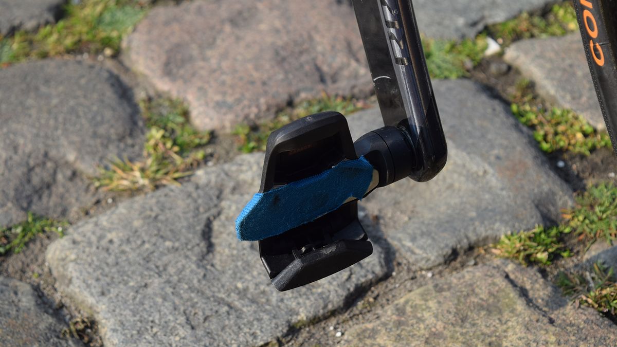 Jens Debusschere had some fabric tape on his pedals for a more secure fit and possibly some extra shock absorption